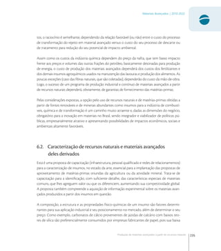 235
Materiais Avançados | 2010-2022
Produção de materiais avançados a partir de recursos naturais
tos, o raciocínio é semelhante, dependendo da relação favorável (ou não) entre o custo do processo
de transformação do rejeito em material avançado versus o custo do seu processo de descarte ou
de tratamento para redução do seu potencial de impacto ambiental.
Assim como os custos da indústria química dependem do preço da nafta, que tem baixo impacto
frente aos preços e volumes das outras frações do petróleo, basicamente destinadas para produção
de energia, o custo de produção dos materiais avançados dependerá dos custos dos fertilizantes e
dos demais insumos agroquímicos usados na manutenção das lavouras e produção dos alimentos. As
poucas exceções (caso das ﬁbras naturais, que são coletadas), dependerão do custo da mão-de-obra.
Logo, o sucesso de um programa de produção industrial e contínuo de materiais avançados a partir
de recursos naturais dependerá, obviamente, de garantias de fornecimento das matérias-primas.
Pelas considerações expostas, a opção pelo uso de recursos naturais e de matérias-primas obtidas a
partir de fontes renováveis e de minerais abundantes como insumos para a indústria de combustí-
veis, química e de transformação é um caminho muito atraente e, dadas as dimensões do negócio,
obrigatório para a inovação em materiais no Brasil, sendo integrador e viabilizador de políticas pú-
blicas, empresarialmente atrativo e apresentando possibilidades de impactos econômicos, sociais e
ambientais altamente favoráveis.
6.2. Caracterização de recursos naturais e materiais avançados
deles derivados
Esta é uma proposta de capacitação (infraestrutura, pessoal qualiﬁcado e redes de relacionamentos)
para a caracterização de insumos, no estado da arte, essencial para a implantação das propostas de
aproveitamento de matérias-primas oriundas da agricultura ou da atividade mineral. Trata-se de
capacitação para a identiﬁcação, com suﬁciente detalhe, das características especiais de materiais
comuns, que lhes agreguem valor ou que os diferenciem, aumentando sua competitividade global.
A proposta também compreende a aquisição de informação experimental sobre os materiais avan-
çados produzidos a partir dos insumos em questão.
A composição, a estrutura e as propriedades físico-químicas de um insumo são fatores determi-
nantes para sua aplicação industrial e seu posicionamento no mercado, além de determinar o seu
preço. Como exemplo, carbonatos de cálcio provenientes de jazidas de calcário com baixos teo-
res de sílica são preferencialmente consumidos por empresas fabricantes de papel, pois sua baixa
 
