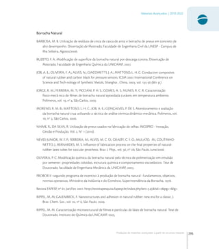 295
Materiais Avançados | 2010-2022
Produção de materiais avançados a partir de recursos naturais
Borracha Natural
BARBOSA, M. B. Utilização de resíduos de cinza de casca de arroz e borracha de pneus em concreto de
alto desempenho. Dissertação de Mestrado, Faculdade de Engenharia Civil da UNESP - Campus de
Ilha Solteira, Agosto/.
BUZETO, F. A. Modiﬁcação de superfície da borracha natural por descarga corona. Dissertação de
Mestrado, Faculdade de Engenharia Química da UNICAMP, .
JOB, A. E.; OLIVEIRA, F. A.; ALVES, N.; GIACOMETTI, J. A.; MATTOSO, L. H. C. Conductive composites
of natural rubber and carbon black for pressure sensors. ICSM  International Conference on
Science and Tech-nology of Synthetic Metals, Shanghai , China, , vol. - ( p.)  
JORGE, R. M.; FERREIRA, M. T.; PICCIANI, P. H. S.; GOMES, A. S.; NUNES, R. C. R. Caracterização
físico-mecâ-nica de ﬁlmes de borracha natural epoxidada curáveis em temperatura ambiente.
Polímeros, vol. , no
, São Carlos, .
MORENO, R. M. B.; MATTOSO, L. H. C.; JOB, A. E.; GONÇALVES, P. DE S. Monitoramento e avaliação
da borracha natural crua utilizando a técnica de análise térmica dinâmico-mecânica. Polímeros, vol.
, no
, São Carlos, .
NAIME, R.; DA SILVA, R. Utilização de pneus usados na fabricação de telhas. INGEPRO - Inovação,
Gestão e Produção, Vol. , No
 ().
NEVES-JUNIOR, W. F. P.; FERREIRA, M.; ALVES, M. C. O.; GRAEFF, C. F. O.; MULATO, M.; COUTINHO-
NETTO, J.; BERNARDES, M. S. Inﬂuence of fabrication process on the ﬁnal properties of natural-
rubber latex tubes for vascular prosthesis. Braz. J. Phys., vol. , no
b, São Paulo, June/.
OLIVEIRA, P. C. Modiﬁcação química da borracha natural pela técnica de polimerização em emulsão
por semente : propriedades coloidais, estrutura química e comportamento viscoelástico. Tese de
Doutorado, faculdade de Engenharia Mecânica da UNICAMP, . 
PROBOR II : segundo programa de incentivo à produção de borracha natural : fundamentos, objetivos,
normas operativas. Ministério da Indústria e do Comércio, Superintendência da Borracha, .  
Revista FAPESP, no
, Jan/Fev . http://revistapesquisa.fapesp.br/index.php?art=&bd=&pg=&lg=
RIPPEL, M. M; GALEMBECK, F. Nanostructures and adhesion in natural rubber: new era for a classic. J.
Braz. Chem. Soc., vol. , no
, São Paulo, .
RIPPEL, M. M. Caracterização microestrutural de ﬁlmes e partículas de látex de borracha natural. Tese de
Doutorado, Instituto de Química da UNICAMP, .
 