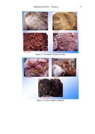 Mecânica dos Solos – Volume I 18
Figura 1.7. Exemplos de tipos de solos
Figura 1.8. Solo residual e orgânico
 