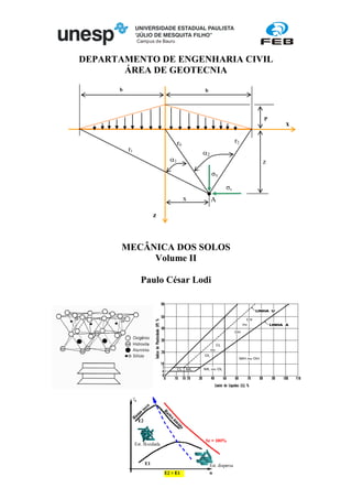 Campus de Bauru
DEPARTAMENTO DE ENGENHARIA CIVIL
ÁREA DE GEOTECNIA
MECÂNICA DOS SOLOS
Volume II
Paulo César Lodi
σV
σx
x
x
z
P
A
z
r2
r1
r0
α2
α1
b b
 