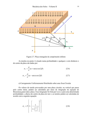 Mecânica dos Solos – Volume II 10
Figura 2.7. Placa retangular de comprimento infinito
As tensões no ponto A situado numa profundidade z qualquer e com distância x
do centro da placa são dadas por:
)2cossen( βαα
π
σ +=
P
v (2.6)
)2cossen( βαα
π
σ −=
P
x (2.7)
e) Carregamento Uniformemente Distribuído sobre uma Área Circular
Os valores de tensão provocados por uma placa circular, na vertical que passa
pelo centro desta, podem ser calculados por meio de integração da equação de
Boussinesq para toda a placa. Essa integração foi feita por Love e para uma determinada
profundidade z, abaixo do centro da placa de raio r, as tensões podem ser calculadas de
acordo com a seguinte equação:




































+
−=
2
3
2
1
1
1.
z
r
Pvσ (2.8)
σV
σx
x
x
z
P
A
β
αα/2
B
L
 