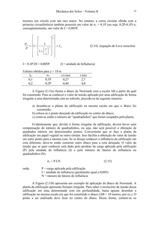 Mecânica dos Solos – Volume II 15
teremos um círculo com um raio maior. No entanto, a coroa circular obtida com a
primeira circunferência também possuirá um valor de σv = 0,1P (ou seja, 0,2P-0,1P) e,
conseqüentemente, um valor de I = 0,005P.
σ
σ
I
z
rP
v
=




































+
−=
2
3
2
1
1
1 (2.14) (equação de Love reescrita)
I = 0,1P/20 = 0,005P (I = unidade de Influência)
Valores obtidos para z = 10 m
Iσ σv r/z (m) r (m)
0,1 0,1P 0,27 2,7
0,2 0,2P 0,40 4,0
A Figura (2.13a) ilustra o ábaco de Newmark com a escala AB a partir da qual
foi construído. Para se conhecer o valor de tensão aplicado por uma edificação de forma
irregular a uma determinada cota no subsolo, procede-se da seguinte maneira:
a) desenha-se a planta da edificação na mesma escala em que o ábaco foi
construído;
b) coloca-se o ponto desejado da edificação no centro do ábaco;
c) conta-se então o número de “quadradinhos” que foram ocupados pela planta.
Evidentemente que, devido à forma irregular da edificação, deverá haver uma
compensação do número de quadradinhos, ou seja, não será possível a obtenção de
quadrados inteiros em determinados pontos. Conveniente que se faça a planta da
edificação em papel vegetal ou outro similar. Isso facilita a obtenção do valor de tensão
em outro ponto para a mesma cota. Se se deseja conhecer a influência da edificação em
cota diferente, deve-se então construir outro ábaco para a cota desejada. O valor da
tensão que se quer conhecer será dado pelo produto da carga aplicada pela edificação
(P) pela unidade de influência (I) e pelo número de fatores de influência ou
quadradinhos (N):
σv = P.I.N (2.15)
onde: P = carga aplicada pela edificação
I = unidade de influência (geralmente igual a 0,005)
N = número de fatores de influência
A Figura (2.13b) apresenta um exemplo de aplicação do ábaco de Newmark. A
planta da edificação apresenta formato irregular. Para saber o acréscimo de tensão dessa
edificação em uma determinada cota em profundidade, basta apenas desenhar a
edificação na mesma escala em que foi construído o ábaco (AB = 10 metros, por ex.). O
ponto a ser analisado deve ficar no centro do ábaco. Dessa forma, contam-se os
 