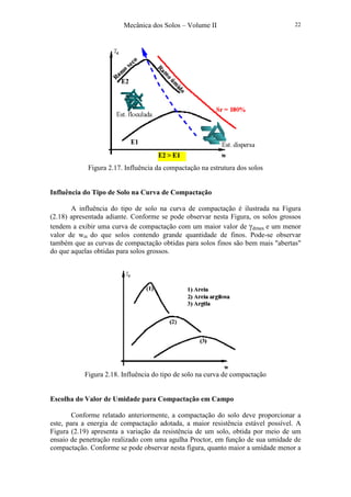 Mecânica dos Solos – Volume II 22
Figura 2.17. Influência da compactação na estrutura dos solos
Influência do Tipo de Solo na Curva de Compactação
A influência do tipo de solo na curva de compactação é ilustrada na Figura
(2.18) apresentada adiante. Conforme se pode observar nesta Figura, os solos grossos
tendem a exibir uma curva de compactação com um maior valor de γdmax e um menor
valor de wót do que solos contendo grande quantidade de finos. Pode-se observar
também que as curvas de compactação obtidas para solos finos são bem mais "abertas"
do que aquelas obtidas para solos grossos.
Figura 2.18. Influência do tipo de solo na curva de compactação
Escolha do Valor de Umidade para Compactação em Campo
Conforme relatado anteriormente, a compactação do solo deve proporcionar a
este, para a energia de compactação adotada, a maior resistência estável possível. A
Figura (2.19) apresenta a variação da resistência de um solo, obtida por meio de um
ensaio de penetração realizado com uma agulha Proctor, em função de sua umidade de
compactação. Conforme se pode observar nesta figura, quanto maior a umidade menor a
 