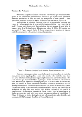 Mecânica dos Solos – Volume I 7
Tamanho das Partículas
O tamanho das partículas de um solo é uma característica que irá diferenciá-los
quanto à sua composição granulométrica. Percebe-se que alguns solos apresentam
partículas perceptíveis a olho nu como os pedregulhos e areias grossas. Outros
apresentam partículas finas que só podem ser identificadas por ensaios específicos.
A diversidade de tamanhos é enorme e podem ser encontrados tamanhos que
variam de 1 a 2 mm (partículas de areia) até 10 Angstrons (0,000001 mm – partículas de
argila). Se essa partícula de argila for ampliada e ficar do tamanho de uma folha de
papel, o grão de areia ficaria com diâmetros da ordem de 100 a 200 metros (um
quarteirão). A Figura seguinte ilustra de forma comparativa os tamanhos de algumas
partículas presentes nos solos, a saber: areias, siltes e argilas.
Figura 1.1. Esquema comparativo do tamanho das partículas num solo
Num solo qualquer, encontram-se partículas de diversos tamanhos. As partículas
mais grossas (areias e pedregulhos) podem estar envoltas pelas partículas mais finas.
Isso torna difícil a identificação do solo por simples manuseio. A identificação dos solos
é um processo que procura identificar as principais frações presentes no solo como um
todo. Denominações específicas são empregadas para as diversas faixas de tamanho dos
grãos. No entanto, os limites irão variar conforme o sistema de classificação adotado.
Numa primeira análise, efetua-se a classificação do solo através de análise táctil-visual.
Esse tipo de análise fornece apenas informação qualitativa, ou seja, que tipo de fração
predomina no solo. Para uma análise mais precisa, utilizam-se os ensaios de
granulometria e de limites de consistência. Dessa forma, é possível quantificar-se as
frações presentes em cada solo assim como suas características de plasticidade. A
Tabela (1.1) ilustra os limites das frações de solo pelo tamanho dos grãos definidos pela
norma da ABNT (Associação Brasileira de Normas Técnicas).
 