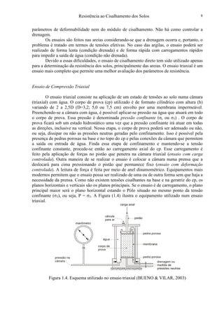 Resistência ao Cisalhamento dos Solos 8
parâmetros de deformabilidade nem do módulo de cisalhamento. Não há como controlar a
drenagem.
Os ensaios são feitos nas areias considerando-se que a drenagem ocorra e, portanto, o
problema é tratado em termos de tensões efetivas. No caso das argilas, o ensaio poderá ser
realizado de forma lenta (condição drenada) e de forma rápida com carregamentos rápidos
para impedir a saída de água (condição não drenada).
Devido a essas dificuldades, o ensaio de cisalhamento direto tem sido utilizado apenas
para a determinação da resistência dos solos, principalmente das areias. O ensaio triaxial é um
ensaio mais completo que permite uma melhor avaliação dos parâmetros de resistência.
Ensaio de Compressão Triaxial
O ensaio triaxial consiste na aplicação de um estado de tensões ao solo numa câmara
(triaxial) com água. O corpo de prova (cp) utilizado é de formato cilíndrico com altura (h)
variando de 2 a 2,5D (D=3,2; 5,0 ou 7,5 cm) envolto por uma membrana impermeável.
Preenchendo-se a câmara com água, é possível aplicar-se pressão na água que atuará em todo
o corpo de prova. Essa pressão é denominada pressão confinante (σc ou σ3) . O corpo de
prova ficará sob um estado hidrostático uma vez que a pressão confinante irá atuar em todas
as direções, inclusive na vertical. Nessa etapa, o corpo de prova poderá ser adensado ou não,
ou seja, dissipar ou não as pressões neutras geradas pelo confinamento. Isso é possível pela
presença de pedras porosas na base e no topo do cp e pelas conexões da câmara que permitem
a saída ou entrada de água. Finda essa etapa de confinamento e mantendo-se a tensão
confinante constante, procede-se então ao carregamento axial do cp. Esse carregamento é
feito pela aplicação de forças no pistão que penetra na câmara triaxial (ensaio com carga
controlada). Outra maneira de se realizar o ensaio é colocar a câmara numa prensa que a
deslocará para cima pressionando o pistão que permanece fixo (ensaio com deformação
controlada). A leitura de força é feita por meio de anel dinamométrico. Equipamentos mais
modernos permitem que o ensaio possa ser realizado de uma ou de outra forma sem que haja a
necessidade da prensa. Como não existem tensões cisalhantes na base e na geratriz do cp, os
planos horizontais e verticais são os planos principais. Se o ensaio é de carregamento, o plano
principal maior será o plano horizontal estando o Pólo situado no mesmo ponto da tensão
confinante (σ3), ou seja, P = σ3. A Figura (1.4) ilustra o equipamento utilizado num ensaio
triaxial.
Figura 1.4. Esquema utilizado no ensaio triaxial (BUENO & VILAR, 2003)
 