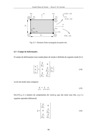 Estado Plano de Tensão - Álvaro F. M. Azevedo
90
u1 (x1 , x2)
x1
1 2L1
L2
3
4
x2 u2 (x1 , x2)
a41
a42
a31
a32
a21
a22
a11
a12
h (x1 , x2)
Fig. 6.3 - Elemento finito rectangular de quatro nós.
6.3 - Campo de deformações
O campo de deformações num estado plano de tensão é definido do seguinte modo [6.1]
























∂
∂
∂
∂
∂
∂
∂
∂
=










2
1
12
2
1
12
2
1
0
0
u
u
xx
x
x
γ
ε
ε
(14)
ou de um modo mais compacto
( ) ( ) ( )11 ×××
=
mmqq
uLε (15)
Em (15), q é o número de componentes do vector ε, que são neste caso três, e L é o
seguinte operador diferencial


















∂
∂
∂
∂
∂
∂
∂
∂
=
12
2
1
0
0
xx
x
x
L (16)
 
