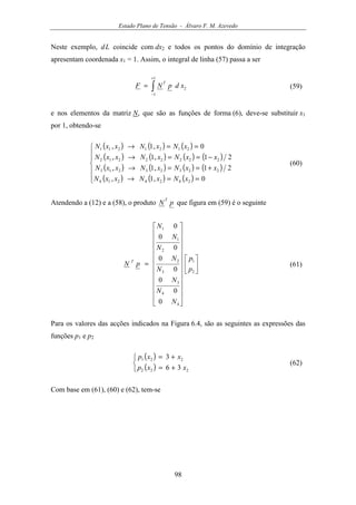 Estado Plano de Tensão - Álvaro F. M. Azevedo
98
Neste exemplo, dL coincide com dx2 e todos os pontos do domínio de integração
apresentam coordenada x1 = 1. Assim, o integral de linha (57) passa a ser
∫
+
−
=
1
1
2xdpNF
T
(59)
e nos elementos da matriz N, que são as funções de forma (6), deve-se substituir x1
por 1, obtendo-se
( ) ( ) ( )
( ) ( ) ( ) ( )
( ) ( ) ( ) ( )
( ) ( ) ( )






==→
+==→
−==→
==→
0,1,
21,1,
21,1,
0,1,
2424214
22323213
22222212
2121211
xNxNxxN
xxNxNxxN
xxNxNxxN
xNxNxxN
(60)
Atendendo a (12) e a (58), o produto pN
T
que figura em (59) é o seguinte






























=
2
1
4
4
3
3
2
2
1
1
0
0
0
0
0
0
0
0
p
p
N
N
N
N
N
N
N
N
pN T
(61)
Para os valores das acções indicados na Figura 6.4, são as seguintes as expressões das
funções p1 e p2
( )
( )


+=
+=
222
221
36
3
xxp
xxp
(62)
Com base em (61), (60) e (62), tem-se
 