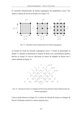 Funções Interpoladoras - Álvaro F. M. Azevedo
127
Os elementos bidimensionais da família Lagrangeana são quadriláteros com p2
nós,
sendo p o número de nós de um bordo (ver a Figura 7.5).
s1
L1 = 2
s2
L2 = 2
s1s1
s2s2
L1 = 2L1 = 2
p = 2 p = 3 p = 4
Fig. 7.5 - Elementos finitos bidimensionais da família Lagrangeana.
As funções de forma do elemento Lagrangeano com p = 4 foram já apresentadas na
Secção 7.3. Quando se determinam as funções de forma com o procedimento genérico
descrito na Secção 7.4, deve-se seleccionar os termos do triângulo de Pascal com o
critério definido na Figura 7.6.
1 p = 2
1s
2
1s
3
1s
4
1s
5
1s
6
1s
2s
2
2s
3
2s
4
2s
5
2s
6
2s
21 ss
2
2
1 ss 2
21 ss
2
3
1 ss 2
2
2
1 ss 3
21 ss
2
4
1 ss 2
2
3
1 ss 3
2
2
1 ss 4
21 ss
2
5
1 ss 2
2
4
1 ss 3
2
3
1 ss 4
2
2
1 ss 5
21 ss
p = 3
p = 4
Fig. 7.6 - Selecção de termos no triângulo de Pascal para elementos finitos bidimensionais da
família Lagrangeana.
Como se pode observar na Figura 7.6, o critério de selecção de termos no triângulo de
Pascal é facilmente extensível a valores superiores de p.
 