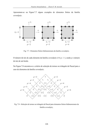 Funções Interpoladoras - Álvaro F. M. Azevedo
128
Apresentam-se na Figura 7.7 alguns exemplos de elementos finitos da família
serendipity.
s1
L1 = 2
s2
L2 = 2
s1s1
s2s2
L1 = 2L1 = 2
p = 2 p = 3 p = 4
Fig. 7.7 - Elementos finitos bidimensionais da família serendipity.
O número de nós de cada elemento da família serendipity é 4 ( p - 1 ), sendo p o número
de nós de um bordo.
Na Figura 7.8 encontra-se o critério de selecção de termos no triângulo de Pascal para o
caso de elementos da família serendipity.
1 p = 2
1s
2
1s
3
1s
4
1s
5
1s
6
1s
2s
2
2s
3
2s
4
2s
5
2s
6
2s
21 ss
2
2
1 ss 2
21 ss
2
3
1 ss 2
2
2
1 ss 3
21 ss
2
4
1 ss 2
2
3
1 ss 3
2
2
1 ss 4
21 ss
2
5
1 ss 2
2
4
1 ss 3
2
3
1 ss 4
2
2
1 ss 5
21 ss
p = 3
p = 4
p = 2
p = 3
p = 4
p = 5
p = 6
p = 5
p = 6
Fig. 7.8 - Selecção de termos no triângulo de Pascal para elementos finitos bidimensionais da
família serendipity.
 