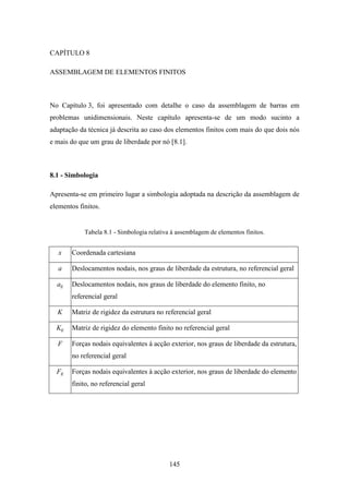 145
CAPÍTULO 8
ASSEMBLAGEM DE ELEMENTOS FINITOS
No Capítulo 3, foi apresentado com detalhe o caso da assemblagem de barras em
problemas unidimensionais. Neste capítulo apresenta-se de um modo sucinto a
adaptação da técnica já descrita ao caso dos elementos finitos com mais do que dois nós
e mais do que um grau de liberdade por nó [8.1].
8.1 - Simbologia
Apresenta-se em primeiro lugar a simbologia adoptada na descrição da assemblagem de
elementos finitos.
Tabela 8.1 - Simbologia relativa à assemblagem de elementos finitos.
x Coordenada cartesiana
a Deslocamentos nodais, nos graus de liberdade da estrutura, no referencial geral
ag Deslocamentos nodais, nos graus de liberdade do elemento finito, no
referencial geral
K Matriz de rigidez da estrutura no referencial geral
Kg Matriz de rigidez do elemento finito no referencial geral
F Forças nodais equivalentes à acção exterior, nos graus de liberdade da estrutura,
no referencial geral
Fg Forças nodais equivalentes à acção exterior, nos graus de liberdade do elemento
finito, no referencial geral
 