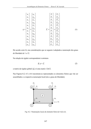 Assemblagem de Elementos Finitos - Álvaro F. M. Azevedo
147






































=






































=






































=






































=
62
61
52
51
42
41
32
31
22
21
12
11
12
11
10
9
8
7
6
5
4
3
2
1
62
61
52
51
42
41
32
31
22
21
12
11
12
11
10
9
8
7
6
5
4
3
2
1
F
F
F
F
F
F
F
F
F
F
F
F
F
F
F
F
F
F
F
F
F
F
F
F
F
a
a
a
a
a
a
a
a
a
a
a
a
a
a
a
a
a
a
a
a
a
a
a
a
a (1)
De acordo com (1), nas considerações que se seguem é adoptada a numeração dos graus
de liberdade de 1 a 12.
Na relação de rigidez correspondente à estrutura
FaK = (2)
a matriz de rigidez global ( K ) é uma matriz 12x12.
Nas Figuras 8.2, 8.3 e 8.4 encontram-se representados os elementos finitos que vão ser
assemblados e a respectiva numeração local (nós e graus de liberdade).
1 2
34
a7
a8
a5
a6
a3
a4
a1
a2
A
Fig. 8.2 - Numerações locais do elemento finito de 4 nós (A).
 