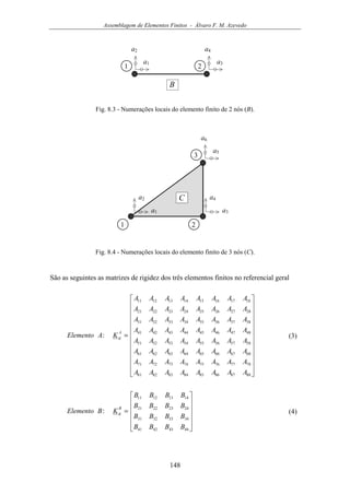Assemblagem de Elementos Finitos - Álvaro F. M. Azevedo
148
1
a1
a2
2
a3
a4
B
Fig. 8.3 - Numerações locais do elemento finito de 2 nós (B).
1
a1
a2
3
a5
a6
2
a3
a4C
Fig. 8.4 - Numerações locais do elemento finito de 3 nós (C).
São as seguintes as matrizes de rigidez dos três elementos finitos no referencial geral
























=
8887868584838281
7877767574737271
6867666564636261
5857565554535251
4847464544434241
3837363534333231
2827262524232221
1817161514131211
:
AAAAAAAA
AAAAAAAA
AAAAAAAA
AAAAAAAA
AAAAAAAA
AAAAAAAA
AAAAAAAA
AAAAAAAA
KAElemento
A
g (3)












=
44434241
34333231
24232221
14131211
:
BBBB
BBBB
BBBB
BBBB
KBElemento
B
g (4)
 