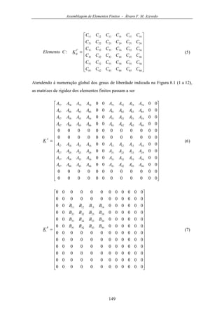 Assemblagem de Elementos Finitos - Álvaro F. M. Azevedo
149


















=
666564636261
565554535251
464544434241
363534333231
262524232221
161514131211
:
CCCCCC
CCCCCC
CCCCCC
CCCCCC
CCCCCC
CCCCCC
KCElemento
C
g (5)
Atendendo à numeração global dos graus de liberdade indicada na Figura 8.1 (1 a 12),
as matrizes de rigidez dos elementos finitos passam a ser






































=
000000000000
000000000000
0000
0000
0000
0000
000000000000
000000000000
0000
0000
0000
0000
4443424146454847
3433323136353837
2423222126252827
1413121116151817
6463626166656867
5453525156555857
8483828186858887
7473727176757877
AAAAAAAA
AAAAAAAA
AAAAAAAA
AAAAAAAA
AAAAAAAA
AAAAAAAA
AAAAAAAA
AAAAAAAA
K
A
(6)






































=
000000000000
000000000000
000000000000
000000000000
000000000000
000000000000
00000000
00000000
00000000
00000000
000000000000
000000000000
44434241
34333231
24232221
14131211
BBBB
BBBB
BBBB
BBBB
K
B
(7)
 