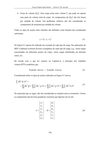 Forças Nodais Equivalentes - Álvaro F. M. Azevedo
156
• Força de volume ( )xb . Esta carga actua num volume V, que pode ser apenas
uma parte do volume total do corpo. As componentes de ( )xb são três forças
por unidade de volume. Em problemas estáticos não são consideradas as
componentes de momento por unidade de volume.
Todos os tipos de acções atrás referidos são definidos como funções das coordenadas
cartesianas
( )321 ,, xxxx = (1)
Na Figura 9.1 apenas foi indicado um exemplo de cada tipo de carga. Nas aplicações do
MEF é habitual existirem diversos exemplares de cada tipo de carga, e.g., várias cargas
concentradas em diferentes pontos do corpo, várias cargas distribuídas em distintas
zonas, etc.
De acordo com o que foi exposto no Capítulo 4, o princípio dos trabalhos
virtuais (PTV) estabelece que
Trabalho Interno = Trabalho Externo (2)
Considerando todos os tipos de acções indicados na Figura 9.1 tem-se
∑∫∑∫∑∫∑
∫
+++=
=
b
V
T
q
S
T
p
L
T
Q
T
V
T
VdbuSdquLdpuQu
Vd
δδδδ
σεδ
(3)
Na exposição que se segue, não são consideradas as rotações nem os momentos. Assim,
as componentes das diversas grandezas vectoriais que figuram em (3) são




















=




















=
12
31
23
3
2
1
12
31
23
3
2
1
;
τ
τ
τ
σ
σ
σ
σ
γ
γ
γ
ε
ε
ε
ε (4)
 
