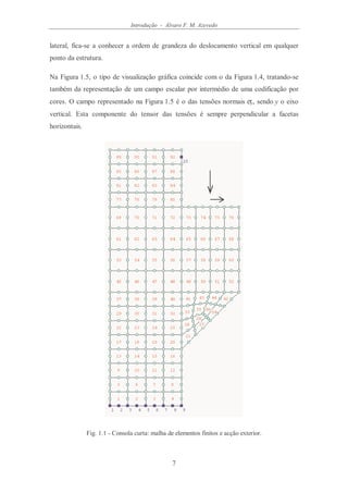 Introdução - Álvaro F. M. Azevedo
7
lateral, fica-se a conhecer a ordem de grandeza do deslocamento vertical em qualquer
ponto da estrutura.
Na Figura 1.5, o tipo de visualização gráfica coincide com o da Figura 1.4, tratando-se
também da representação de um campo escalar por intermédio de uma codificação por
cores. O campo representado na Figura 1.5 é o das tensões normais σy, sendo y o eixo
vertical. Esta componente do tensor das tensões é sempre perpendicular a facetas
horizontais.
Fig. 1.1 - Consola curta: malha de elementos finitos e acção exterior.
 