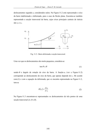 Flexão de Vigas - Álvaro F. M. Azevedo
195
deslocamentos segundo x2 considerados nulos. Na Figura 11.2 está representado o eixo
da barra indeformado e deformado, para o caso da flexão plana. Encontra-se também
representada a secção transversal da barra, cujos eixos principais centrais de inércia
são x2 e x3.
x1
x3
u3 ( x1 )
u3
u1
θ
G x2
x3
Fig. 11.2 - Barra deformada e secção transversal.
Uma vez que os deslocamentos são muito pequenos, considera-se
θθ ≅tan (1)
sendo θ o ângulo de rotação do eixo da barra. A função u3 (ver a Figura 11.2)
corresponde ao deslocamento do eixo da barra, que apenas depende de x1. De acordo
com (1) e com a equação da deformada, que se encontra representada na Figura 11.2,
tem-se
( )
1
3
1
xd
ud
x =θ (2)
Na Figura 11.3 encontram-se representados os deslocamentos de três pontos de uma
secção transversal (A, O e B).
 