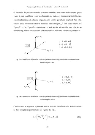 Transformação Linear de Coordenadas - Álvaro F. M. Azevedo
24
O resultado do produto vectorial expresso em (45) é um vector nulo sempre que o
versor 1ˆa seja paralelo ao versor 3ˆg . Supondo que o eixo 3ˆg é sempre vertical (hipótese
considerada atrás), esta situação singular ocorre sempre que a barra é vertical. Para estes
casos é então necessário definir a matriz de transformação
ag
T com outro critério. Na
Figura 2.3 e na Figura 2.4 encontra-se a posição do referencial a em relação ao
referencial g para os casos da barra vertical orientada para cima e orientada para baixo.
g1
g
2
g3
a1
a2
a3
i
j
i < j
( )
( )
( )




−=
=
=
0,0,1ˆ
0,1,0ˆ
1,0,0ˆ
3
2
1
a
a
a
Fig. 2.3 - Posição do referencial a em relação ao referencial g para o caso da barra vertical
orientada para cima.
g1
g
2
g
3
a1
a2
a3
i
j
i < j
( )
( )
( )




=
=
−=
0,0,1ˆ
0,1,0ˆ
1,0,0ˆ
3
2
1
a
a
a
Fig. 2.4 - Posição do referencial a em relação ao referencial g para o caso da barra vertical
orientada para baixo.
Considerando as seguintes expressões para os versores do referencial a, ficam cobertas
as duas situações esquematizadas nas Figuras 2.3 e 2.4.
( )321
33
1 ,,,0,0ˆ AAA
L
xx
a
ij
=




 −
= (49)
 