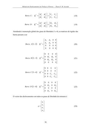 Método dos Deslocamentos em Treliças e Pórticos - Álvaro F. M. Azevedo
38






=





=
2221
1211
2221
1211
:
CC
CC
KK
KK
KCBarra CC
CC
C
(18)






=





=
2221
1211
2221
1211
:
DD
DD
KK
KK
KDBarra DD
DD
D
(19)
Atendendo à numeração global dos graus de liberdade (1 a 4), as matrizes de rigidez das
barras passam a ser
( )












=−
0000
0000
00
00
:21 2221
1211
AA
AA
KABarra
A
(20)
( )












=−
0000
00
00
0000
:32
2221
1211
BB
BB
KBBarra
B
(21)
( )












=−
2221
1211
00
00
0000
0000
:43
CC
CC
KCBarra
C
(22)
( )












=−
2221
1211
00
0000
00
0000
:42
DD
DD
KDBarra
D
(23)
O vector dos deslocamentos em todos os graus de liberdade da estrutura é












=
4
3
2
1
a
a
a
a
a (24)
 