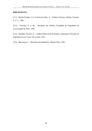Método dos Deslocamentos em Treliças e Pórticos - Álvaro F. M. Azevedo
48
BIBLIOGRAFIA
[3.1] - Brazão Farinha, J. S.; Correia dos Reis, A. - Tabelas Técnicas, Edições Técnicas
E. T. L., 1998.
[3.2] - Azevedo, A. F. M. - Mecânica dos Sólidos, Faculdade de Engenharia da
Universidade do Porto, 1996.
[3.3] - Segadães Tavares, A. - Análise Matricial de Estruturas, Laboratório Nacional de
Engenharia Civil, Curso 129, Lisboa, 1973.
[3.4] - Massonnet, C. - Résistance des Matériaux, Dunod, Paris, 1968.
 