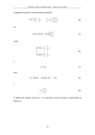 Elementos Finitos Unidimensionais - Álvaro F. M. Azevedo
52
A equação (3) pode ser escrita em forma matricial
( ) 









+−=
2
1
2
1
2
1
2
1
2
1
a
a
xxxu (4)
ou
( ) ( ) ( )[ ] 





=
2
1
21
a
a
xNxNxu (5)
sendo
( )
( )






+=
−=
xxN
xxN
2
1
2
1
2
1
2
1
2
1
(6)
e
aNu = (7)
com
( ) ( )[ ] [ ]2121 NNxNxNN == (8)
e






=
2
1
a
a
a (9)
O gráfico das funções lineares N1 e N2 indicadas em (6) encontra-se representado na
Figura 4.2.
 