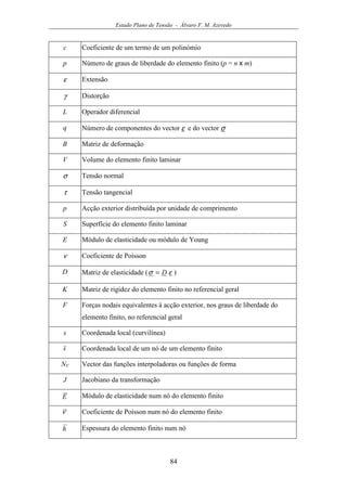 Estado Plano de Tensão - Álvaro F. M. Azevedo
84
c Coeficiente de um termo de um polinómio
p Número de graus de liberdade do elemento finito (p = n x m)
ε Extensão
γ Distorção
L Operador diferencial
q Número de componentes do vector ε e do vector σ
B Matriz de deformação
V Volume do elemento finito laminar
σ Tensão normal
τ Tensão tangencial
p Acção exterior distribuída por unidade de comprimento
S Superfície do elemento finito laminar
E Módulo de elasticidade ou módulo de Young
ν Coeficiente de Poisson
D Matriz de elasticidade ( εσ D= )
K Matriz de rigidez do elemento finito no referencial geral
F Forças nodais equivalentes à acção exterior, nos graus de liberdade do
elemento finito, no referencial geral
s Coordenada local (curvilínea)
s Coordenada local de um nó de um elemento finito
NV Vector das funções interpoladoras ou funções de forma
J Jacobiano da transformação
E Módulo de elasticidade num nó do elemento finito
ν Coeficiente de Poisson num nó do elemento finito
h Espessura do elemento finito num nó
 