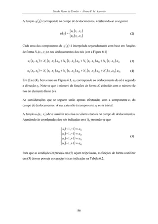 Estado Plano de Tensão - Álvaro F. M. Azevedo
86
A função ( )xu corresponde ao campo de deslocamentos, verificando-se o seguinte
( )
( )
( )


=
212
211
,
,
xxu
xxu
xu (2)
Cada uma das componentes de ( )xu é interpolada separadamente com base em funções
de forma Ni (x1, x2) e nos deslocamentos dos nós (ver a Figura 6.1)
( ) ( ) ( ) ( ) ( ) 41214312132121211211211 ,,,,, axxNaxxNaxxNaxxNxxu +++= (3)
( ) ( ) ( ) ( ) ( ) 42214322132221212211212 ,,,,, axxNaxxNaxxNaxxNxxu +++= (4)
Em (3) e (4), bem como na Figura 6.1, aij corresponde ao deslocamento do nó i segundo
a direcção xj. Note-se que o número de funções de forma Ni coincide com o número de
nós do elemento finito (n).
As considerações que se seguem serão apenas efectuadas com a componente u1 do
campo de deslocamentos. A sua extensão à componente u2 seria trivial.
A função u1(x1, x2) deve assumir nos nós os valores nodais do campo de deslocamentos.
Atendendo às coordenadas dos nós indicadas em (1), pretende-se que
( )
( )
( )
( )






=+−
=++
=−+
=−−
411
311
211
111
1,1
1,1
1,1
1,1
au
au
au
au
(5)
Para que as condições expressas em (5) sejam respeitadas, as funções de forma a utilizar
em (3) devem possuir as características indicadas na Tabela 6.2.
 