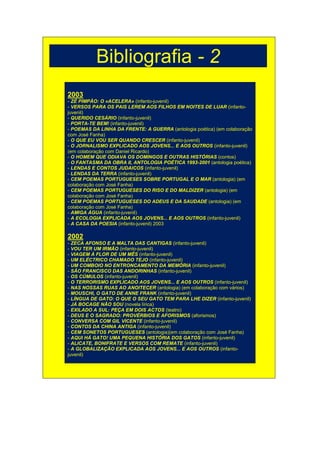 Bibliografia - 2
2003
- ZÉ PIMPÃO: O «ACELERA» (infanto-juvenil)
- VERSOS PARA OS PAIS LEREM AOS FILHOS EM NOITES DE LUAR (infanto-
juvenil)
- QUERIDO CESÁRIO (infanto-juvenil)
- PORTA-TE BEM! (infanto-juvenil)
- POEMAS DA LINHA DA FRENTE: A GUERRA (antologia poética) (em colaboração
com José Fanha)
- O QUE EU VOU SER QUANDO CRESCER (infanto-juvenil)
- O JORNALISMO EXPLICADO AOS JOVENS... E AOS OUTROS (infanto-juvenil)
(em colaboração com Daniel Ricardo)
- O HOMEM QUE ODIAVA OS DOMINGOS E OUTRAS HISTÓRIAS (contos)
- O FANTASMA DA OBRA II, ANTOLOGIA POÉTICA 1993-2001 (antologia poética)
- LENDAS E CONTOS JUDAICOS (infanto-juvenil)
- LENDAS DA TERRA (infanto-juvenil)
- CEM POEMAS PORTUGUESES SOBRE PORTUGAL E O MAR (antologia) (em
colaboração com José Fanha)
- CEM POEMAS PORTUGUESES DO RISO E DO MALDIZER (antologia) (em
colaboração com José Fanha)
- CEM POEMAS PORTUGUESES DO ADEUS E DA SAUDADE (antologia) (em
colaboração com José Fanha)
- AMIGA ÁGUA (infanto-juvenil)
- A ECOLOGIA EXPLICADA AOS JOVENS... E AOS OUTROS (infanto-juvenil)
- A CASA DA POESIA (infanto-juvenil) 2003

2002
- ZECA AFONSO E A MALTA DAS CANTIGAS (infanto-juvenil)
- VOU TER UM IRMÃO (infanto-juvenil)
- VIAGEM À FLOR DE UM MÊS (infanto-juvenil)
- UM ELÉCTRICO CHAMADO TEJO (infanto-juvenil)
- UM COMBOIO NO ENTRONCAMENTO DA MEMÓRIA (infanto-juvenil)
- SÃO FRANCISCO DAS ANDORINHAS (infanto-juvenil)
- OS CÚMULOS (infanto-juvenil)
- O TERRORISMO EXPLICADO AOS JOVENS... E AOS OUTROS (infanto-juvenil)
- NAS NOSSAS RUAS AO ANOITECER (antologia) (em colaboração com vários)
- MOUSCHI, O GATO DE ANNE FRANK (infanto-juvenil)
- LÍNGUA DE GATO: O QUE O SEU GATO TEM PARA LHE DIZER (infanto-juvenil)
- JÁ BOCAGE NÃO SOU (novela lírica)
- EXILADO A SUL: PEÇA EM DOIS ACTOS (teatro)
- DEUS E O SAGRADO: PROVÉRBIOS E AFORISMOS (aforismos)
- CONVERSA COM GIL VICENTE (infanto-juvenil)
- CONTOS DA CHINA ANTIGA (infanto-juvenil)
- CEM SONETOS PORTUGUESES (antologia)(em colaboração com José Fanha)
- AQUI HÁ GATO! UMA PEQUENA HISTÓRIA DOS GATOS (infanto-juvenil)
- ALICATE, BONIFRATE E VERSOS COM REMATE (infanto-juvenil)
- A GLOBALIZAÇÃO EXPLICADA AOS JOVENS... E AOS OUTROS (infanto-
juvenil)
 