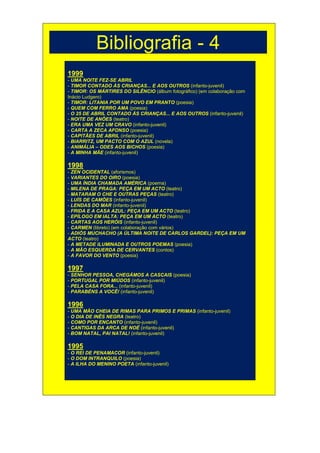 Bibliografia - 4
1999
- UMA NOITE FEZ-SE ABRIL
- TIMOR CONTADO ÀS CRIANÇAS... E AOS OUTROS (infanto-juvenil)
- TIMOR: OS MÁRTIRES DO SILÊNCIO (álbum fotográfico) (em colaboração com
Inácio Ludgero)
- TIMOR: LITANIA POR UM POVO EM PRANTO (poesia)
- QUEM COM FERRO AMA (poesia)
- O 25 DE ABRIL CONTADO ÀS CRIANÇAS... E AOS OUTROS (infanto-juvenil)
- NOITE DE ANÕES (teatro)
- ERA UMA VEZ UM CRAVO (infanto-juvenil)
- CARTA A ZECA AFONSO (poesia)
- CAPITÃES DE ABRIL (infanto-juvenil)
- BIARRITZ, UM PACTO COM O AZUL (novela)
- ANIMÁLIA – ODES AOS BICHOS (poesia)
- A MINHA MÃE (infanto-juvenil)

1998
- ZEN OCIDENTAL (aforismos)
- VARIANTES DO OIRO (poesia)
- UMA ÍNDIA CHAMADA AMÉRICA (poema)
- MILENA DE PRAGA: PEÇA EM UM ACTO (teatro)
- MATARAM O CHE E OUTRAS PEÇAS (teatro)
- LUÍS DE CAMÕES (infanto-juvenil)
- LENDAS DO MAR (infanto-juvenil)
- FRIDA E A CASA AZUL: PEÇA EM UM ACTO (teatro)
- EPÍLOGO EM IALTA: PEÇA EM UM ACTO (teatro)
- CARTAS AOS HERÓIS (infanto-juvenil)
- CARMEN (libreto) (em colaboração com vários)
- ADIÓS MUCHACHO (A ÚLTIMA NOITE DE CARLOS GARDEL): PEÇA EM UM
ACTO (teatro)
- A METADE ILUMINADA E OUTROS POEMAS (poesia)
- A MÃO ESQUERDA DE CERVANTES (contos)
- A FAVOR DO VENTO (poesia)

1997
- SENHOR PESSOA, CHEGÁMOS A CASCAIS (poesia)
- PORTUGAL POR MIÚDOS (infanto-juvenil)
- PELA CASA FORA... (infanto-juvenil)
- PARABÉNS A VOCÊ! (infanto-juvenil)

1996
- UMA MÃO CHEIA DE RIMAS PARA PRIMOS E PRIMAS (infanto-juvenil)
- O DIA DE INÊS NEGRA (teatro)
- COMO POR ENCANTO (infanto-juvenil)
- CANTIGAS DA ARCA DE NOÉ (infanto-juvenil)
- BOM NATAL, PAI NATAL! (infanto-juvenil)

1995
- O REI DE PENAMACOR (infanto-juvenil)
- O DOM INTRANQUILO (poesia)
- A ILHA DO MENINO POETA (infanto-juvenil)
 