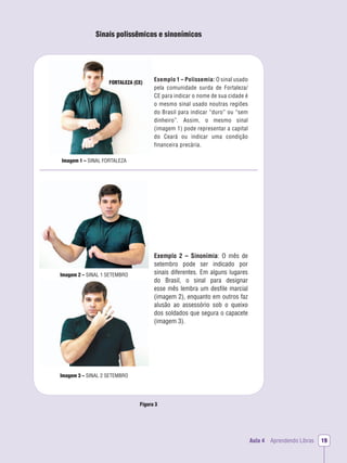 Aula 4 Aprendendo Libras 19
Exemplo 1 – Polissemia: O sinal usado
pela comunidade surda de Fortaleza/
CE para indicar o nome de sua cidade é
o mesmo sinal usado noutras regiões
do Brasil para indicar “duro” ou “sem
dinheiro”. Assim, o mesmo sinal
(imagem 1) pode representar a capital
do Ceará ou indicar uma condição
financeira precária.
Exemplo 2 – Sinonímia: O mês de
setembro pode ser indicado por
sinais diferentes. Em alguns lugares
do Brasil, o sinal para designar
esse mês lembra um desﬁle marcial
(imagem 2), enquanto em outros faz
alusão ao assessório sob o queixo
dos soldados que segura o capacete
(imagem 3).
Sinais polissêmicos e sinonímicos
Figura 3
Imagem 1 – SINAL FORTALEZA
Imagem 2 – SINAL 1 SETEMBRO
Imagem 3 – SINAL 2 SETEMBRO
FORTALEZA (CE)
 