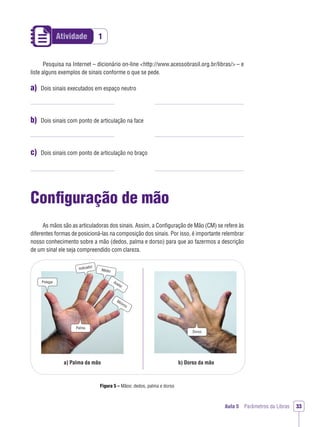 Polegar
Palma
a) Palma da mão b) Dorso da mão
Dorso
Indicador
Médio
Anelar
Mínimo
Aula 5 Parâmetros da Libras 33
Pesquisa na Internet – dicionário on-line <http://www.acessobrasil.org.br/libras/> – e
liste alguns exemplos de sinais conforme o que se pede.
a) Dois sinais executados em espaço neutro
b) Dois sinais com ponto de articulação na face
c) Dois sinais com ponto de articulação no braço
Conﬁguração de mão
As mãos são as articuladoras dos sinais. Assim, a Conﬁguração de Mão (CM) se refere às
diferentes formas de posicioná-las na composição dos sinais. Por isso, é importante relembrar
nosso conhecimento sobre a mão (dedos, palma e dorso) para que ao fazermos a descrição
de um sinal ele seja compreendido com clareza.
Figura 5 – Mãos: dedos, palma e dorso
1Atividade
 