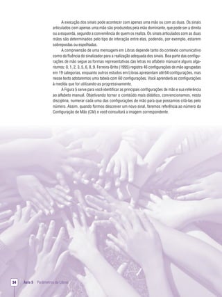 A execução dos sinais pode acontecer com apenas uma mão ou com as duas. Os sinais
articulados com apenas uma mão são produzidos pela mão dominante, que pode ser a direita
ou a esquerda, segundo a conveniência de quem os realiza. Os sinais articulados com as duas
mãos são determinados pelo tipo de interação entre elas, podendo, por exemplo, estarem
sobrepostas ou espelhadas.
A compreensão de uma mensagem em Libras depende tanto do contexto comunicativo
como da ﬂuência do sinalizador para a realização adequada dos sinais. Boa parte das conﬁgu-
rações de mão segue as formas representativas das letras no alfabeto manual e alguns alga-
rismos: 0, 1, 2, 3, 5, 6, 8, 9. Ferreira-Brito (1995) registra 46 conﬁgurações de mão agrupadas
em 19 categorias, enquanto outros estudos em Libras apresentam até 64 conﬁgurações, mas
nesse texto adotaremos uma tabela com 60 conﬁgurações. Você aprenderá as conﬁgurações
à medida que for utilizando-as progressivamente.
A Figura 5 serve para você identiﬁcar as principais conﬁgurações de mão e sua referência
ao alfabeto manual. Objetivando tornar o conteúdo mais didático, convencionamos, nesta
disciplina, numerar cada uma das conﬁgurações de mão para que possamos citá-las pelo
número. Assim, quando formos descrever um novo sinal, faremos referência ao número da
Conﬁguração de Mão (CM) e você consultará a imagem correspondente.
Aula 5 Parâmetros da Libras34
 