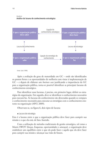 100 Fábio Ferreira Batista
Após a avaliação do grau de maturidade em GC – onde são identificados
os pontos fortes e as oportunidades de melhoria com vistas à implementação de
GC – e depois de elaborar um business case justificando a importância da GC
para a organização pública, torna-se possível identificar as principais lacunas de
conhecimento estratégico.
Para identificar essas lacunas, é preciso, em primeiro lugar, definir as estra-
tégias da organização. Em seguida, deve-se identificar o conhecimento necessário
para executá-las. As lacunas do conhecimento são detectadas quando se compara
o conhecimento necessário para executar as estratégias com o conhecimento exis-
tente na organização (APO, 2009).
Observam-se, na figura 6, dois tipos de lacuna:
l Lacuna de estratégia
Esta é a lacuna entre o que a organização pública deve fazer para cumprir sua
missão e o que ela está, de fato, fazendo.
Com a utilização de métodos tradicionais de gestão estratégica, tal como a
Matriz SWOT (forças, fraquezas, oportunidades e ameaças), a organização deve
estabelecer um equilíbrio entre o que ela pode fazer e aquilo que ela deve fazer
para cumprir sua missão e alcançar sua visão de futuro.
Livro_Fabio_Anexo.indd 100 4/19/2012 1:54:47 PM
 