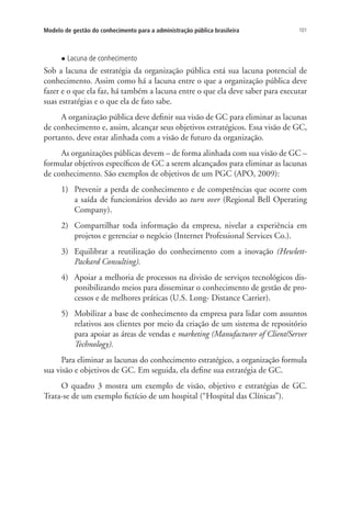 101Modelo de gestão do conhecimento para a administração pública brasileira
l Lacuna de conhecimento
Sob a lacuna de estratégia da organização pública está sua lacuna potencial de
conhecimento. Assim como há a lacuna entre o que a organização pública deve
fazer e o que ela faz, há também a lacuna entre o que ela deve saber para executar
suas estratégias e o que ela de fato sabe.
A organização pública deve definir sua visão de GC para eliminar as lacunas
de conhecimento e, assim, alcançar seus objetivos estratégicos. Essa visão de GC,
portanto, deve estar alinhada com a visão de futuro da organização.
As organizações públicas devem – de forma alinhada com sua visão de GC –
formular objetivos específicos de GC a serem alcançados para eliminar as lacunas
de conhecimento. São exemplos de objetivos de um PGC (APO, 2009):
1)	 Prevenir a perda de conhecimento e de competências que ocorre com
a saída de funcionários devido ao turn over (Regional Bell Operating
Company).
2)	 Compartilhar toda informação da empresa, nivelar a experiência em
projetos e gerenciar o negócio (Internet Professional Services Co.).
3)	 Equilibrar a reutilização do conhecimento com a inovação (Hewlett-
Packard Consulting).
4)	 Apoiar a melhoria de processos na divisão de serviços tecnológicos dis-
ponibilizando meios para disseminar o conhecimento de gestão de pro-
cessos e de melhores práticas (U.S. Long- Distance Carrier).
5)	 Mobilizar a base de conhecimento da empresa para lidar com assuntos
relativos aos clientes por meio da criação de um sistema de repositório
para apoiar as áreas de vendas e marketing (Manufacturer of Client/Server
Technology).
Para eliminar as lacunas do conhecimento estratégico, a organização formula
sua visão e objetivos de GC. Em seguida, ela define sua estratégia de GC.
O quadro 3 mostra um exemplo de visão, objetivo e estratégias de GC.
Trata-se de um exemplo fictício de um hospital (“Hospital das Clínicas”).
Livro_Fabio_Anexo.indd 101 4/19/2012 1:54:47 PM
 