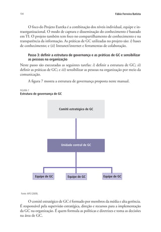 104 Fábio Ferreira Batista
O foco do Projeto Eureka é a combinação dos níveis individual, equipe e in-
traorganizacional. O modo de captura e disseminação do conhecimento é baseado
em TI. O projeto também tem foco no compartilhamento de conhecimento e na
transparência da informação. As práticas de GC utilizadas no projeto são: i) bases
de conhecimento; e (ii) Intranet/internet e ferramentas de colaboração.
Passo 3: definir a estrutura de governança e as práticas de GC e sensibilizar
as pessoas na organização
Neste passo são executadas as seguintes tarefas: i) definir a estrutura de GC; ii)
definir as práticas de GC; e iii) sensibilizar as pessoas na organização por meio da
comunicação.
A figura 7 mostra a estrutura de governança proposta neste manual.
O comitê estratégico de GC é formado por membros da média e alta gerência.
É responsável pela supervisão estratégica, direção e recursos para a implementação
da GC na organização. É quem formula as políticas e diretrizes e toma as decisões
na área de GC.
Livro_Fabio_Anexo.indd 104 4/19/2012 1:54:48 PM
 