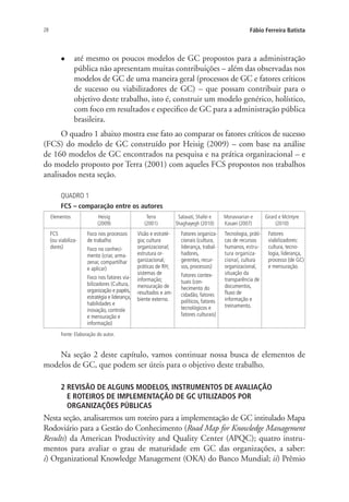 28 Fábio Ferreira Batista
l	 até mesmo os poucos modelos de GC propostos para a administração
pública não apresentam muitas contribuições – além das observadas nos
modelos de GC de uma maneira geral (processos de GC e fatores críticos
de sucesso ou viabilizadores de GC) – que possam contribuir para o
objetivo deste trabalho, isto é, construir um modelo genérico, holístico,
com foco em resultados e especifico de GC para a administração pública
brasileira.
O quadro 1 abaixo mostra esse fato ao comparar os fatores críticos de sucesso
(FCS) do modelo de GC construído por Heisig (2009) – com base na análise
de 160 modelos de GC encontrados na pesquisa e na prática organizacional – e
do modelo proposto por Terra (2001) com aqueles FCS propostos nos trabalhos
analisados nesta seção.
QUADRO 1
FCS – comparação entre os autores
Elementos Heisig
(2009)
Terra
(2001)
Salavati, Shafei e
Shaghayegh (2010)
Monavvarian e
Kasaei (2007)
Girard e McIntyre
(2010)
FCS
(ou viabiliza-
dores)
Foco nos processos
de trabalho
Foco no conheci-
mento (criar, arma-
zenar, compartilhar
e aplicar)
Foco nos fatores via-
bilizadores (Cultura,
organização e papéis,
estratégia e liderança,
habilidades e
inovação, controle
e mensuração e
informação)
Visão e estraté-
gia; cultura
organizacional;
estrutura or-
ganizacional;
práticas de RH;
sistemas de
informação;
mensuração de
resultados e am-
biente externo.
Fatores organiza-
cionais (cultura,
liderança, trabal-
hadores,
gerentes, recur-
sos, processos)
Fatores contex-
tuais (con-
hecimento do
cidadão, fatores
políticos, fatores
tecnológicos e
fatores culturais)
Tecnologia, práti-
cas de recursos
humanos, estru-
tura organiza-
cional, cultura
organizacional,
situação da
transparência de
documentos,
fluxo de
informação e
treinamento.
Fatores
viabilizadores:
cultura, tecno-
logia, liderança,
processo (de GC)
e mensuração.
Fonte: Elaboração do autor.
Na seção 2 deste capítulo, vamos continuar nossa busca de elementos de
modelos de GC, que podem ser úteis para o objetivo deste trabalho.
2 REVISÃO DE ALGUNS MODELOS, INSTRUMENTOS DE AVALIAÇÃO
E ROTEIROS DE IMPLEMENTAÇÃO DE GC UTILIZADOS POR
ORGANIZAÇÕES PÚBLICAS
Nesta seção, analisaremos um roteiro para a implementação de GC intitulado Mapa
Rodoviário para a Gestão do Conhecimento (Road Map for Knowledge Management
Results) da American Productivity and Quality Center (APQC); quatro instru-
mentos para avaliar o grau de maturidade em GC das organizações, a saber:
i) Organizational Knowledge Management (OKA) do Banco Mundial; ii) Prêmio
Livro_Fabio.indd 28 4/19/2012 1:40:59 PM
 