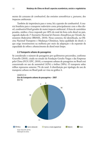 Mudança do Clima no Brasil: aspectos econômicos, sociais e regulatórios132
mento do consumo de combustível, das emissões atmosféricas e, portanto, dos
impactos ambientais.
Também de importância para o tema, há a questão do combustível. A ma-
triz brasileira para o transporte rodoviário conta principalmente com o óleo die-
sel, combustível fóssil gerador de maior impacto ambiental. A frota de caminhões
pesados, médios e leves responde por 48% do total da frota ciclo diesel no país,
segundo dados do 1o
Inventário Nacional de Emissões Atmosféricas por Veículos Au-
tomotores Rodoviários (BRASIL, 2010). Nesse contexto, foi identificada, na Ofi-
cina Nacional Transporte e Mudanças Climáticas, baixa qualidade do diesel, o
que exige investimentos na melhoria por meio da adaptação e da expansão da
capacidade de refino e abastecimento de diesel mais limpo.
2.2 Transporte urbano de passageiros
Se considerado o número de passageiros por quilômetros percorridos, conforme
Gouvello (2010), citado no estudo da Fundação Getulio Vargas e das Empresas
pelo Clima (FGV; EPC, 2010), o transporte urbano de passageiros no Brasil está
concentrado no uso de automóvel (43%) e ônibus (50%). O transporte sobre
trilhos representa somente 7% do total. A distribuição por tipologia do uso de
transporte urbano no Brasil pode ser vista no gráfico 4.
GRÁFICO 4
Uso do transporte urbano de passageiros – 2007
(Em %)
50
11
32
3
4
Ônibus Carro (etanol) Carro e moto (gasolina) Metrô Trem
Fonte: FGVe EPC (2010).
Elaboração da autora.
 