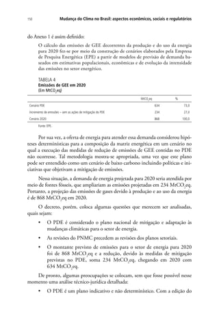 Mudança do Clima no Brasil: aspectos econômicos, sociais e regulatórios150
do Anexo 1 é assim definido:
O cálculo das emissões de GEE decorrentes da produção e do uso da energia
para 2020 fez-se por meio da construção de cenários elaborados pela Empresa
de Pesquisa Energética (EPE) a partir de modelos de previsão de demanda ba-
seados em estimativas populacionais, econômicas e de evolução da intensidade
das emissões no setor energético. 
TABELA 4
Emissões de GEE em 2020
(Em MtCO2
eq)
  MtCO2
eq %
Cenário PDE 634 73,0
Incremento de emissões – sem as ações de mitigação do PDE 234 27,0
Cenário 2020 868 100,0
Fonte: EPE.
Por sua vez, a oferta de energia para atender essa demanda considerou hipó-
teses determinísticas para a composição da matriz energética em um cenário no
qual a execução das medidas de redução de emissões de GEE contidas no PDE
não ocorresse. Tal metodologia mostra-se apropriada, uma vez que este plano
pode ser entendido como um cenário de baixo carbono incluindo políticas e ini-
ciativas que objetivam a mitigação de emissões.
Nessa situação, a demanda de energia projetada para 2020 seria atendida por
meio de fontes fósseis, que ampliariam as emissões projetadas em 234 MtCO2
eq.
Portanto, a projeção das emissões de gases devido à produção e ao uso da energia
é de 868 MtCO2
eq em 2020.
O decreto, porém, coloca algumas questões que merecem ser analisadas,
quais sejam:
•	 O PDE é considerado o plano nacional de mitigação e adaptação às
mudanças climáticas para o setor de energia.
•	 As revisões do PNMC precedem as revisões dos planos setoriais.
•	 O montante previsto de emissões para o setor de energia para 2020
foi de 868 MtCO2
eq e a redução, devido às medidas de mitigação
previstas no PDE, soma 234 MtCO2
eq, chegando em 2020 com
634 MtCO2
eq.
De pronto, algumas preocupações se colocam, sem que fosse possível nesse
momento uma análise técnico-jurídica detalhada:
•	 O PDE é um plano indicativo e não determinístico. Com a edição do
 