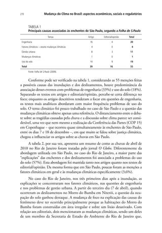 270 Mudança do Clima no Brasil: aspectos econômicos, sociais e regulatórios
TABELA 1
Principais causas associadas às enchentes de São Paulo, segundo a Folha de S.Paulo
Temas Artigo Editorial/opinião Total
Engenharia 16 4 20
Fatores climáticos − exceto mudanças climáticas 4 0 4
Gestão urbana 8 3 11
Mudanças climáticas 1 0 1
Uso do solo 10 9 19
Total 39 16 55
Fonte: Folha de S.Paulo (2009).
Conforme pode ser verificado na tabela 1, considerando as 55 menções feitas
a possíveis causas das inundações e dos deslizamentos, houve predominância da
associação desses eventos com problemas de engenharia (33%) e uso do solo (18%).
Separando os textos em artigos e editoriais/opinião, percebe-se certa diferença no
foco; enquanto os artigos descritivos tenderam a focar em questões de engenharia,
os textos mais analíticos abordaram com maior frequência problemas de uso do
solo. O tema climático foi pouco trabalhado no caso de São Paulo e a questão das
mudanças climáticas obteve apenas uma referência. O distanciamento entre o deba-
te sobre as tragédias causadas pela chuva e a discussão sobre clima parece ser consi-
derável, uma vez que nem mesmo a realização da Conferência das Partes (COP 15)
em Copenhague − que ocorreu quase simultaneamente às enchentes de São Paulo,
entre os dias 7 e 18 de dezembro −, em que muito se falou sobre justiça climática,
chegou a influenciar os artigos sobre as chuvas em São Paulo.
A tabela 2, por sua vez, apresenta um resumo de como as chuvas de abril de
2010 no Rio de Janeiro foram tratadas pelo jornal O Globo. Diferentemente da
abordagem utilizada em São Paulo, no caso do Rio de Janeiro, a maior parte das
“explicações” das enchentes e dos deslizamentos foi associada a problemas do uso
do solo (57%). Esta abordagem foi mantida tanto nos artigos quanto nos textos de
editorial/opinião. Da mesma forma que em São Paulo, poucas foram as menções a
fatores climáticos em geral e às mudanças climáticas especificamente (3,6%).
No caso do Rio de Janeiro, nos três primeiros dias após a inundação, as
explicações se concentraram nos fatores climáticos, nas questões de engenharia
e nos problemas de gestão urbana. A partir do terceiro dia (7 de abril), quando
ocorreram os deslizamentos no Morro do Bumba em Niterói, a questão da ocu-
pação do solo ganhou destaque. A mudança de foco na explicação das causas do
fenômeno deve ter ocorrido principalmente porque as habitações do Morro do
Bumba foram construídas em área irregular e sobre um lixão desativado. Com
relação aos editoriais, dois mencionaram as mudanças climáticas, sendo um deles
de um membro da Secretaria de Estado do Ambiente do Rio de Janeiro que,
 