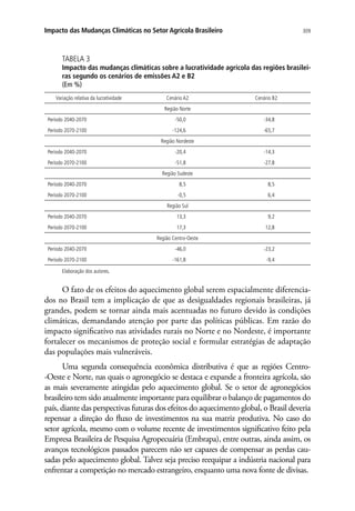 309Impacto das Mudanças Climáticas no Setor Agrícola Brasileiro
TABELA 3
Impacto das mudanças climáticas sobre a lucratividade agrícola das regiões brasilei-
ras segundo os cenários de emissões A2 e B2
(Em %)
Variação relativa da lucratividade Cenário A2 Cenário B2
Região Norte
Período 2040-2070 -50,0 -34,8
Período 2070-2100 -124,6 -65,7
Região Nordeste
Período 2040-2070 -20,4 -14,3
Período 2070-2100 -51,8 -27,8
Região Sudeste
Período 2040-2070 8,5 8,5
Período 2070-2100 -0,5 6,4
Região Sul
Período 2040-2070 13,3 9,2
Período 2070-2100 17,3 12,8
Região Centro-Oeste
Período 2040-2070 -46,0 -23,2
Período 2070-2100 -161,8 -9,4
Elaboração dos autores.
O fato de os efeitos do aquecimento global serem espacialmente diferencia-
dos no Brasil tem a implicação de que as desigualdades regionais brasileiras, já
grandes, podem se tornar ainda mais acentuadas no futuro devido às condições
climáticas, demandando atenção por parte das políticas públicas. Em razão do
impacto significativo nas atividades rurais no Norte e no Nordeste, é importante
fortalecer os mecanismos de proteção social e formular estratégias de adaptação
das populações mais vulneráveis.
Uma segunda consequência econômica distributiva é que as regiões Centro-
-Oeste e Norte, nas quais o agronegócio se destaca e expande a fronteira agrícola, são
as mais severamente atingidas pelo aquecimento global. Se o setor de agronegócios
brasileiro tem sido atualmente importante para equilibrar o balanço de pagamentos do
país, diante das perspectivas futuras dos efeitos do aquecimento global, o Brasil deveria
repensar a direção do fluxo de investimentos na sua matriz produtiva. No caso do
setor agrícola, mesmo com o volume recente de investimentos significativo feito pela
Empresa Brasileira de Pesquisa Agropecuária (Embrapa), entre outras, ainda assim, os
avanços tecnológicos passados parecem não ser capazes de compensar as perdas cau-
sadas pelo aquecimento global. Talvez seja preciso reequipar a indústria nacional para
enfrentar a competição no mercado estrangeiro, enquanto uma nova fonte de divisas.
 