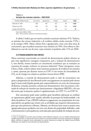35A Política Nacional sobre Mudança do Clima: aspectos regulatórios e de governança
TABELA 2
Variação das emissões setoriais – 2005/2020
Emissões (milhões tCO2
eq) Uso da terra Agropecuária Energia Outros¹ Total
Observado em 2005 1.268 487 362 86 2.203
Projeção para 2020 1.404 730 868 234 3.236
Variação 2020-2005 (%) 11 50 140 172 47
Fontes: Brasil (2009a, 2010b).
Nota: ¹ Outros processos industriais e tratamento de resíduos.
A tabela 2 indica que no total as emissões nacionais subiriam 47%. Todavia,
as emissões dos setores industriais e de resíduos sólidos ainda crescerão 172% e
as de energia 140%. Maior esforço fará a agropecuária, setor com altas taxas de
crescimento, que só poderá aumentar suas emissões em 50%. Este esforço se des-
dobrará no caso do uso da terra, cujas emissões só poderão subir 11% até 2020.
3 O Financiamento das Metas
Metas nacionais concentradas no controle do desmatamento podem oferecer ao
país uma significativa vantagem comparativa, pois a redução do desmatamento
é, sem dúvida, menos restritiva ao crescimento econômico que as restrições ao
consumo de energia, inclusive no processo industrial.5
Países emergentes, como
China e Índia, temem adotar nesse momento projeções de tendência de emissões
e, assim, optaram por declarar metas na COP 15 em termos de intensidades de
CO2
ou de energia em relação ao produto interno bruto (PIB).
Ademais, o controle do desmatamento pode se valer de mecanismos nos
quais o proprietário de área florestal recebe um pagamento em quantia pelo menos
igual à atual renda líquida gerada pelo empreendimento em troca da manutenção
da floresta, evitando, portanto, emissão por desmatamento. Este mecanismo é cha-
mado de redução de emissões por desmatamento e degradação (REDD), e foi um
dos temas que avançaram, quanto à regulamentação, na COP 15 e na COP 16.
Esse mecanismo pode assim também gerar benefícios adicionais ao combate
ao aquecimento global como aqueles advindos da proteção da biodiversidade e do
alívio da pobreza. Com a REDD realizam-se pagamentos aos proprietários de terra,
equivalentes aos ganhos que teriam com as atividades que requerem desmatamento,
para que estes preservem a floresta. Ademais, em diversas áreas rurais se pratica uma
agropecuária pouco produtiva em terra sem direitos de propriedade definidos, onde
o desmatamento é principalmente motivado pela oportunidade de titulação da terra.
5. Como os resultados de Tourinho, Seroa da Motta e Alves (2003) já indicaram, com um modelo computacional de
equilíbrio geral (CGE), os impactos de taxas de carbono na economia brasileira não seriam expressivos no agregado;
porém, conforme se esperaria, seriam acentuados nos setores intensivos em energia. Ver também Seroa da Motta
(2005) para uma análise do custo econômico do desmatamento.
 