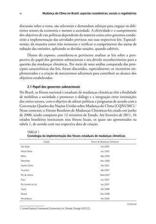 Mudança do Clima no Brasil: aspectos econômicos, sociais e regulatórios46
discussão sobre o tema, são relevantes e demandam esforços para engajar os dife-
rentes setores da economia e mesmo a sociedade. A efetividade e o cumprimento
dos objetivos de tais políticas dependerão da maneira como estes governos condu-
zirão a implementação das atividades previstas nas suas respectivas leis. Especial-
mente, da maneira como irão mensurar e verificar o cumprimento das metas de
redução das emissões, aplicando as devidas sanções, quando cabíveis.
Diante do exposto, considerou-se pertinente analisar as leis sobre a pers-
pectiva do papel dos governos subnacionais e seu devido reconhecimento para a
questão das mudanças climáticas. Por meio de uma análise comparada das prin-
cipais características das leis, foram discutidos, especialmente, os incentivos im-
plementados e a criação de mecanismos adicionais para contribuir ao alcance dos
objetivos estabelecidos.
2.1 Papel dos governos subnacionais
No Brasil, os fóruns nacional e estaduais de mudanças climáticas têm a finalidade
de mobilizar a sociedade e promover o diálogo e a integração entre instituições
dos vários setores, com o objetivo de adotar políticas e programas de acordo com a
Convenção-Quadro das Nações Unidas sobre Mudança do Clima (CQNUMC).1
Nesse contexto, o Fórum Brasileiro de Mudanças Climáticas foi criado em junho
de 2000, sendo composto por 12 ministros de Estado. Até fevereiro de 2011, 16
estados brasileiros instituiram seus fóruns locais, os quais são apresentados na
tabela 1, de acordo com sua respectiva data de criação.
TABELA 1
Cronologia da implementação dos fóruns estaduais de mudanças climáticas
Estado Fórum de Mudanças Climáticas
São Paulo Fev./2005
Minas Gerais Jun./2005
Bahia Ago./2005
Maranhão Nov./2006
Espírito Santo Abr./2007
Tocantins Abr./2007
Rio de Janeiro Maio/2007
Piauí Jun./2007
Rio Grande do Sul Jun./2007
Ceará Abr./2008
Paraná Dez./2008
Pernambuco Fev./2009
1. United Nations Framework Convention on Climate Change (UFCCC).
(Continua)
 