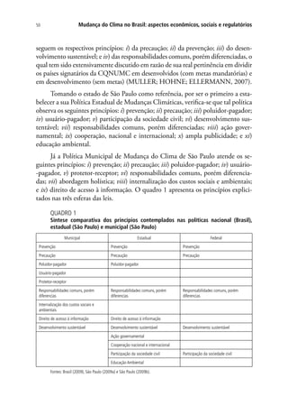 Mudança do Clima no Brasil: aspectos econômicos, sociais e regulatórios50
seguem os respectivos princípios: i) da precaução; ii) da prevenção; iii) do desen-
volvimento sustentável; e iv) das responsabilidades comuns, porém diferenciadas, o
qual tem sido extensivamente discutido em razão de sua real pertinência em dividir
os países signatários da CQNUMC em desenvolvidos (com metas mandatórias) e
em desenvolvimento (sem metas) (MULLER; HOHNE; ELLERMANN, 2007).
Tomando o estado de São Paulo como referência, por ser o primeiro a esta-
belecer a sua Política Estadual de Mudanças Climáticas, verifica-se que tal política
observa os seguintes princípios: i) prevenção; ii) precaução; iii) poluidor-pagador;
iv) usuário-pagador; v) participação da sociedade civil; vi) desenvolvimento sus-
tentável; vii) responsabilidades comuns, porém diferenciadas; viii) ação gover-
namental; ix) cooperação, nacional e internacional; x) ampla publicidade; e xi)
educação ambiental.
Já a Política Municipal de Mudança do Clima de São Paulo atende os se-
guintes princípios: i) prevenção; ii) precaução; iii) poluidor-pagador; iv) usuário-
-pagador, v) protetor-receptor; vi) responsabilidades comuns, porém diferencia-
das; vii) abordagem holística; viii) internalização dos custos sociais e ambientais;
e ix) direito de acesso à informação. O quadro 1 apresenta os princípios explici-
tados nas três esferas das leis.
QUADRO 1
Síntese comparativa dos princípios contemplados nas políticas nacional (Brasil),
estadual (São Paulo) e municipal (São Paulo)
Municipal Estadual Federal
Prevenção Prevenção Prevenção
Precaução Precaução Precaução
Poluidor-pagador Poluidor-pagador
Usuário-pagador
Protetor-receptor
Responsabilidades comuns, porém
diferencias
Responsabilidades comuns, porém
diferencias
Responsabilidades comuns, porém
diferencias
Internalização dos custos sociais e
ambientais
Direito de acesso à informação Direito de acesso à informação
Desenvolvimento sustentável Desenvolvimento sustentável Desenvolvimento sustentável
Ação governamental
Cooperação nacional e internacional
Participação da sociedade civil Participação da sociedade civil
Educação Ambiental
Fontes: Brasil (2009), São Paulo (2009a) e São Paulo (2009b).
 