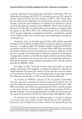 83Inventário Brasileiro de Emissões Antrópicas por Fontes e Remoções por Sumidouros...
processos industriais. O único desses gases produzido no Brasil foi o HFC-23,
subproduto da produção do HCFC-22, encerrada no país em 1999, quando a
emissão registrou 0,09716 Gg. Não obstante, os HFCs e PFCs foram adota-
dos nos segmentos de refrigeração e ar-condicionado, aerossóis e extintores de
incêndio e proteção contra explosões, em substituição às substâncias com po-
tencial de destruição da camada de ozônio (BRASIL, 2011f). No caso do hexa-
fluoreto de enxofre (SF6
), as emissões derivam da produção de magnésio, além
do próprio uso dos HFCs, PFCs e SF6
. Perfluormetano (CF4
) e perfluoretano
(C2
F6
) são gases originados na produção de alumínio, eventualmente, quando
ocorre o efeito anódico. Para os demais gases, são consideradas as emissões po-
tenciais pelo uso.
Finalmente, têm-se os chamados gases de efeito estufa indireto: monóxido
de carbono (CO), óxidos de nitrogênio (NOx
) e compostos orgânicos voláteis não
metânicos − da sigla em inglês, Non Methane Volatile Compounds (NMVOC).
As emissões totais de CO cresceram 17,1% entre 1990 e 2005. Nesse ano, 64,4%
das emissões resultaram do setor de mudança do uso da terra e florestas e 27,3%
do setor de energia, com destaque para os subsetores residencial e de transportes.
A agropecuária contribuiu com 6,8% das emissões, devido à queima de resíduos
agrícolas, em particular, o da cana-de-açúcar. No setor de processos industriais, a
produção de alumínio e outras produções participaram com 1,5% das emissões
totais de CO (BRASIL, 2010).
Em relação ao NOx
, 70,2% das emissões estão concentradas no setor de
energia, sendo quase 40% originadas no subsetor de transportes, sobretudo no
modal rodoviário. Do restante das emissões, 22,3% se devem ao setor de mudan-
ça do uso da terra e florestas, 7% ao setor de agropecuária, no que tange à queima
de resíduos da cana-de-açúcar, e 0,5% ao setor de processos industriais.
As emissões de NMVOC cresceram 27,1% no período inventariado.
Os setores que mais se destacam em termos de aumento de emissões são o de
processos industriais, que apresentou crescimento de mais de 85% entre 1990 e
2005, alcançando, nesse último ano, participação de 27,8% no total de emissões
e o de uso de solventes e outros produtos, cujas emissões cresceram 70,2% no
período analisado. O setor de energia participou em 2005 com 44,5% das emis-
sões, apesar da retração de 6,2% de suas emissões desde 1990 (BRASIL, 2010).
O somatório6
das emissões de diferentes gases só é possível mediante
a conversão para uma unidade comum, denominada de CO2
equivalente.
Entretanto, não há ainda consenso sobre a métrica mais apropriada para essa
6. As emissões que resultam da queima de combustíveis em atividades de transporte aéreo e marítimo internacional,
denominadas bunker fuels, devem ser informadas no inventário; porém, não são contabilizadas no total de emissões
do país e, por este motivo, não serão tratadas de forma detalhada neste trabalho.
 