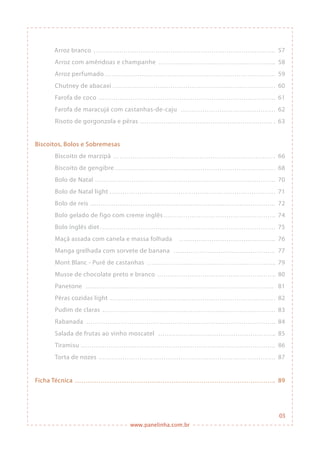 www.panelinha.com.br
03
	 Arroz branco
Arroz com amêndoas e champanhe
Arroz perfumado
Chutney de abacaxi
Farofa de coco
Farofa de maracujá com castanhas-de-caju
Risoto de gorgonzola e pêras
Biscoitos, Bolos e Sobremesas
Biscoito de marzipã
Biscoito de gengibre
Bolo de Natal
Bolo de Natal light
Bolo de reis
Bolo gelado de figo com creme inglês
Bolo inglês diet
Maçã assada com canela e massa folhada
Manga grelhada com sorvete de banana
Mont Blanc - Purê de castanhas
Musse de chocolate preto e branco
Panetone
Pêras cozidas light
Pudim de claras
Rabanada
Salada de frutas ao vinho moscatel
Tiramisu
Torta de nozes
Ficha Técnica
57
58
59
60
61
62
63
66
68
70
71
72
74
75
76
77
79
80
81
82
83
84
85
86
87
89
 