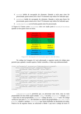 4. moveUp: índide de navegação do elemento. Quando a tecla para cima for
pressionada, quem estará com o foco? O elemento cujo índice for indicado aqui;
5. moveDown: índide de navegação do elemento. Quando a tecla para baixo for
pressionada, quem estará com o foco? O elemento cujo índice for indicado aqui;
6. selBorderColor: cor de borda quando enter for pressionado.
A Figura 6.5 ilustra como focusIndex deve ser usado junto à moveUp e moveDown
quando se tem quatro itens no menu.
moveUp = 4
focusIndex = 1
moveDown = 2
Botão 1
Vermelho
moveUp = 1
focusIndex = 2
moveDown = 3
Botão 2
Verde
moveUp = 2
focusIndex = 3
moveDown = 4
Botão 3
Amarelo
moveUp = 3
focusIndex = 4
moveDown = 1
Botão 4
Azul
Figura 6.5. Navegação de teclas para quatro itens de menu
No código da Listagem 6.4 será adicionado o seguinte trecho de código para
permitir que, quando o usuário aperte o botão vermelho, o vídeo seja redimensionado:
<link id="vermelho" xconnector="cb#onKeySelectionSetN">
<bind role="onSelection" component="Botao1">
<bindParam name="keyCode" value="RED"/>
</bind>
<bind role="set" component="Video" interface="top">
<bindParam name="var" value="100"/>
</bind>
<bind role="set" component="Video" interface="left">
<bindParam name="var" value="200"/>
</bind>
<bind role="set" component="Video" interface="width">
<bindParam name="var" value="300"/>
</bind>
<bind role="set" component="Video" interface="height">
<bindParam name="var" value="300"/>
</bind>
</link>
onKeySelectionSetN permitirá que, ao pressionar uma tecla, uma ou mais
propriedades de uma mídia sejam setadas: onKey = na tecla, Selection = seleção, SetN
= setar uma ou mais propriedades, keyCode = código da tecla, value = valor. No código
verifica-se que para o Video são alterados os valores das propriedades top, left, width
e height usando o atributo interface, e que foram definidos na declaração da mídia.
Pode-se ler da seguinte forma: ao selecionar o Botão 1 que tem o código de tecla F1
 