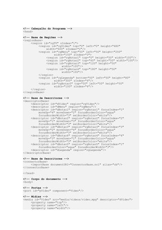 <!-- Cabeçalho do Programa -->
<head>
<!-- Base de Regiões -->
<regionBase>
<region id="rgTV" zIndex="1">
<region id="rgVideo" top="0" left="0" height="480"
width="600" zIndex="2"/>
<region id="rgMenu" top="50" left="50" height="250"
width="150" zIndex="3">
<region id="rgBotao1" top="0" height="50" width="100"/>
<region id="rgBotao2" top="60" height="50" width="100"/>
<region id="rgBotao3" top="120" height="50"
width="100"/>
<region id="rgBotao4" top="180" height="50"
width="100"/>
</region>
<region id="rgLegenda" bottom="50" left="50" height="80"
width="300" zIndex="4"/>
<region id="rgBotao5" top="50" left="50" height="50"
width="100" zIndex="4"/>
</region>
</regionBase>
<!-- Base de Descritores -->
<descriptorBase>
<descriptor id="dVideo" region="rgVideo"/>
<descriptor id="dMenu" region="rgMenu"/>
<descriptor id="dBotao1" region="rgBotao1" focusIndex="1"
moveUp="4" moveDown="2" focusBorderColor="aqua"
focusBorderWidth="3" selBorderColor="white"/>
<descriptor id="dBotao2" region="rgBotao2" focusIndex="2"
moveUp="1" moveDown="3" focusBorderColor="aqua"
focusBorderWidth="3" selBorderColor="white"/>
<descriptor id="dBotao3" region="rgBotao3" focusIndex="3"
moveUp="2" moveDown="4" focusBorderColor="aqua"
focusBorderWidth="3" selBorderColor="white"/>
<descriptor id="dBotao4" region="rgBotao4" focusIndex="4"
moveUp="3" moveDown="1" focusBorderColor="aqua"
focusBorderWidth="3" selBorderColor="white"/>
<descriptor id="dBotao5" region="rgBotao5" focusIndex="1"
focusBorderColor="aqua" focusBorderWidth="3"/>
<descriptor id="dLegenda" region="rgLegenda"/>
</descriptorBase>
<!-- Base de Descritores -->
<connectorBase>
<importBase documentURI="ConnectorBase.ncl" alias="cb"/>
</connectorBase>
</head>
<!-- Corpo do documento -->
<body>
<!-- Portas -->
<port id="pVideo" component="Video"/>
<!-- Mídias -->
<media id="Video" src="media/videos/video.mpg" descriptor="dVideo">
<property name="top"/>
<property name="left"/>
<property name="width"/>
 