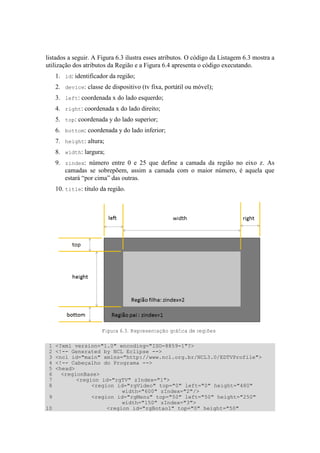 listados a seguir. A Figura 6.3 ilustra esses atributos. O código da Listagem 6.3 mostra a
utilização dos atributos da Região e a Figura 6.4 apresenta o código executando.
1. id: identificador da região;
2. device: classe de dispositivo (tv fixa, portátil ou móvel);
3. left: coordenada x do lado esquerdo;
4. right: coordenada x do lado direito;
5. top: coordenada y do lado superior;
6. bottom: coordenada y do lado inferior;
7. height: altura;
8. width: largura;
9. zindex: número entre 0 e 25 que define a camada da região no eixo z. As
camadas se sobrepõem, assim a camada com o maior número, é aquela que
estará “por cima” das outras.
10. title: título da região.
Figura 6.3. Representação gráfica de regiões
1 <?xml version="1.0" encoding="ISO-8859-1"?>
2 <!-- Generated by NCL Eclipse -->
3 <ncl id="main" xmlns="http://www.ncl.org.br/NCL3.0/EDTVProfile">
4 <!-- Cabeçalho do Programa -->
5 <head>
6 <regionBase>
7 <region id="rgTV" zIndex="1">
8 <region id="rgVideo" top="0" left="0" height="480"
width="600" zIndex="2"/>
9 <region id="rgMenu" top="50" left="50" height="250"
width="150" zIndex="3">
10 <region id="rgBotao1" top="0" height="50"
 