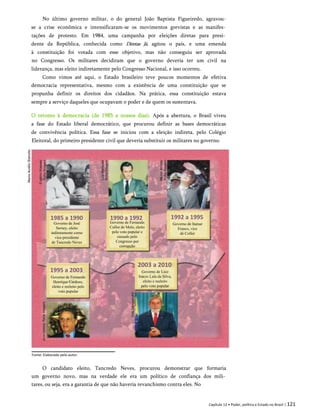 No último governo militar, o do general João Baptista Figueiredo, agravou-
se a crise econômica e intensificaram-se os movimentos grevistas e as manifes­
tações de protesto. Em 1984, uma campanha por eleições diretas para presi­
dente da República, conhecida como Diretas Já, agitou o país, e uma emenda
à constituição foi votada com esse objetivo, mas não conseguiu ser aprovada
no Congresso. Os militares decidiram que o governo deveria ter um civil na
liderança, mas eleito indiretamente pelo Congresso Nacional, e isso ocorreu.
Como vimos até aqui, o Estado brasileiro teve poucos momentos de efetiva
democracia representativa, mesmo com a existência de uma constituição que se
propunha definir os direitos dos cidadãos. Na prática, essa constituição estava
sempre a serviço daqueles que ocupavam o poder e de quem os sustentava.
O retomo à democracia (de 1985 a nossos dias). Após a abertura, o Brasil viveu
a fase do Estado liberal democrático, que procurou definir as bases democráticas
de convivência política. Essa fase se iniciou com a eleição indireta, pelo Colégio
Eleitoral, do primeiro presidente civil que deveria substituir os militares no governo.
1990 a 1992
Governo de Fernando
Collor de Melo, eleito
pelo voto popular e
cassado pelo
Congresso por
corrupção
1995 a 2003
Governo de Fernando
Henrique Cardoso,
eleito e reeleito pelo
voto popular
1985 a 1990
Governo de José
Sarney, eleito
indiretamente como
vice-presidente
de Tancredo Neves
Governo de Luiz
Inácio Lula da Silva,
eleito e reeleito
pelo voto popular
2003 a 2010
Fonte: Elaborado pelo autor.
O candidato eleito, Tancredo Neves, procurou demonstrar que formaria
um governo novo, mas na verdade ele era um político de confiança dos mili­
tares, ou seja, era a garantia de que não haveria revanchismo contra eles. No
Capítulo 12 • Poder, política e Estado no Brasil | 121
1992 a 1995
Governo de Itamar
Franco, vice
de Collor
 