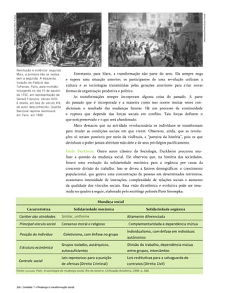 Museu
do
Louvre,
Paris,
França
Revolução e violência: segundo
Marx, a primeira não se realiza
sem a segunda. À esquerda,
invasão do Palácio das
Tulherias, Paris, pela multidão
insurgente no dia 10 de agosto
de 1792, em representação de
Gerard François, século XVIII.
À direita, em tela do século XIX,
de autor desconhecido, Guarda
Nacional reprime revoltosos
em Paris, em 1848.
Entretanto, para Marx, a transformação não parte do zero. Ela sempre nega
e supera uma situação anterior; os participantes de uma revolução utilizam a
cultura e as tecnologias transmitidas pelas gerações anteriores para criar novas
formas de organização produtiva e política.
As transformações sempre incorporam alguma coisa do passado. A parte
do passado que é incorporada e a maneira como isso ocorre muitas vezes con­
dicionam o resultado das mudanças futuras. Há um processo de continuidade
e ruptura que depende das forças sociais em conflito. Tais forças definem o
que será preservado e o que será abandonado.
Marx destacou que na atividade revolucionária os indivíduos se transformam
para mudar as condições sociais em que vivem. Observou, ainda, que as revolu­
ções só seriam possíveis por meio da violência, a “parteira da história”, pois os que
detinham o poder jamais abririam mão dele e de seus privilégios pacificamente.
Emile Durkheim. Outro autor clássico da Sociologia, Durkheim procurou ana­
lisar a questão da mudança social. Ele observou que, na história das sociedades,
houve uma evolução da solidariedade mecânica para a orgânica por causa da
crescente divisão do trabalho. Isso se deveu a fatores demográficos: o crescimento
populacional, que gerava uma concentração de pessoas em determinados territórios,
ocasionava intensidade de interações, complexidade de relações sociais e aumento
da qualidade dos vínculos sociais. Essa visão dicotômica e evolutiva pode ser resu­
mida no quadro a seguir, elaborado pelo sociólogo polonês Piotr Sztompka:
Mundaça social
Característica Solidariedade mecânica Solidariedade orgânica
Caráter das atividades Similar, uniforme Altamente diferenciada
Principal vínculo social Consenso moral e religioso Complementaridade e dependência mútua
Posição do indivíduo Coletivismo, com ênfase no grupo
Individualismo, com ênfase em indivíduos
autônomos
Estrutura econômica
Grupos isolados, autárquicos,
autossuficientes
Divisão do trabalho, dependência mútua
entre grupos, intercâmbio
Controle social
Leis repressivas para a punição
de ofensas (Direito Criminal)
Leis restitutivas para a salvaguarda de
contratos (Direito Civil)
Fonte: Sztompka, Piotr. A sociologia da mudança social. Rio de Janeiro: Civilização Brasileira, 1998. p. 188.
206 | Unidade 7 • Mudança e transformação social
Bettmann/Corbis/Latin
Stock
 