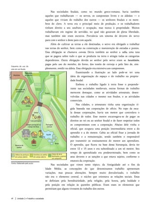 Nas sociedades feudais, como no mundo greco-romano, havia também
aqueles que trabalhavam — os servos, os camponeses livres e os aldeãos — e
aqueles que viviam do trabalho dos outros — os senhores feudais e os mem­
bros do clero. A terra era o principal meio de produção, e os trabalhadores
tinham direito a seu usufruto e ocupação, mas nunca à propriedade. Muitos
trabalhavam em regime de servidão, no qual não gozavam de plena liberdade,
mas também não eram escravos. Prevalecia um sistema de deveres do servo
para com o senhor e deste para com aquele.
Além de cultivar as terras a ele destinadas, o servo era obrigado a trabalhar
nas terras do senhor, bem como na construção e manutenção de estradas e pontes.
Essa obrigação se chamava corveia. Devia também ao senhor a talha, uma taxa
que se pagava sobre tudo o que se produzia na terra e atingia todas as categorias
dependentes. Outra obrigação devida ao senhor pelo servo eram as banalidades,
pagas pelo uso do moinho, do forno, dos tonéis de cerveja e pelo fato de, sim­
plesmente, residir na aldeia. Essa obrigação era extensiva aos camponeses.
Examinando a ilustração ao lado pode-se ter uma
ideia da organização do espaço e do trabalho na proprie­
dade feudal.
Embora o trabalho ligado à terra fosse o preponde­
rante nas sociedades medievais, outras formas de trabalho
merecem destaque, como as atividades artesanais, desen­
volvidas nas cidades e mesmo nos feudos, e as atividades
comerciais.
Nas cidades, o artesanato tinha uma organização rí­
gida baseada nas corporações de ofício. No topo da esca­
la dessas corporações, havia um mestre que controlava o
trabalho de todos. Esse mestre encarregava-se de pagar os
direitos ao rei ou ao senhor feudal e de fazer respeitar todos
os compromissos com a corporação. Abaixo dele vinha o
oficial, que ocupava uma posição intermediária entre a do
aprendiz e a do mestre. Cabia ao oficial fixar a jornada de
trabalho e a remuneração, sendo também o responsável
por transmitir os ensinamentos do mestre aos aprendizes.
O aprendiz, que ficava na base dessa hierarquia, devia ter
entre 12 e 15 anos e era subordinado a um só mestre. Seu
tempo de aprendizado era predeterminado, bem como os
seus deveres e as sanções a que estava sujeito, conforme o
estatuto da corporação.
Nas sociedades que vimos neste tópico, da Antiguidade até o fim da
Idade Média, as concepções do que denominamos trabalho apresentam
variações, mas poucas alterações. Sempre muito desvalorizado, o trabalho
não era o elemento central, o núcleo que orientava as relações sociais. Estas
se definiam pela hereditariedade, pela religião, pela honra, pela lealdade e
pela posição em relação às questões públicas. Eram esses os elementos que
permitiam que alguns vivessem do trabalho dos outros.
Esquema do uso do
solo em um feudo.
Unidade 2 • Trabalho e sociedade
40
Fonte: Elaborado pelo autor.
 